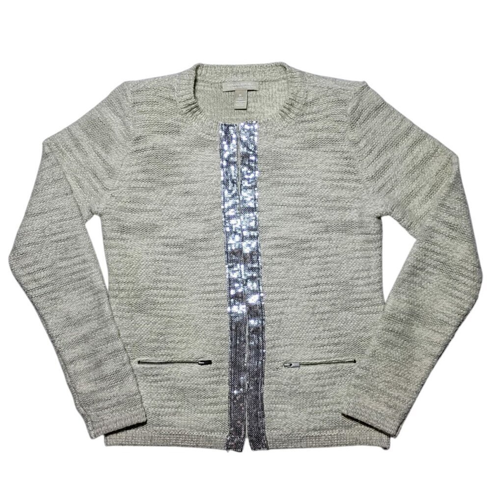 Banana Republic 100% Merino Wool Beige Cardigan Sweater M Sequins Soft Classic